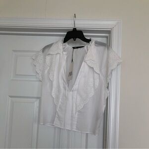 Zara NWT White Eyelet Ruffle Tie-Front Blouse